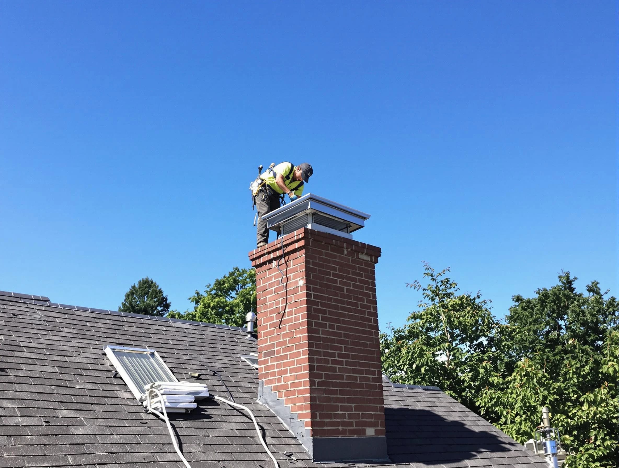 Tyrone Chimney Sweep technician measuring a chimney cap in Tyrone, GA